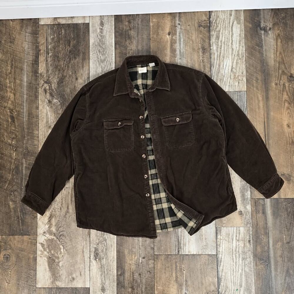 Vintage Brown Corduroy Plaid Fleece Lined Shacket Mens XL Workwear Cabin